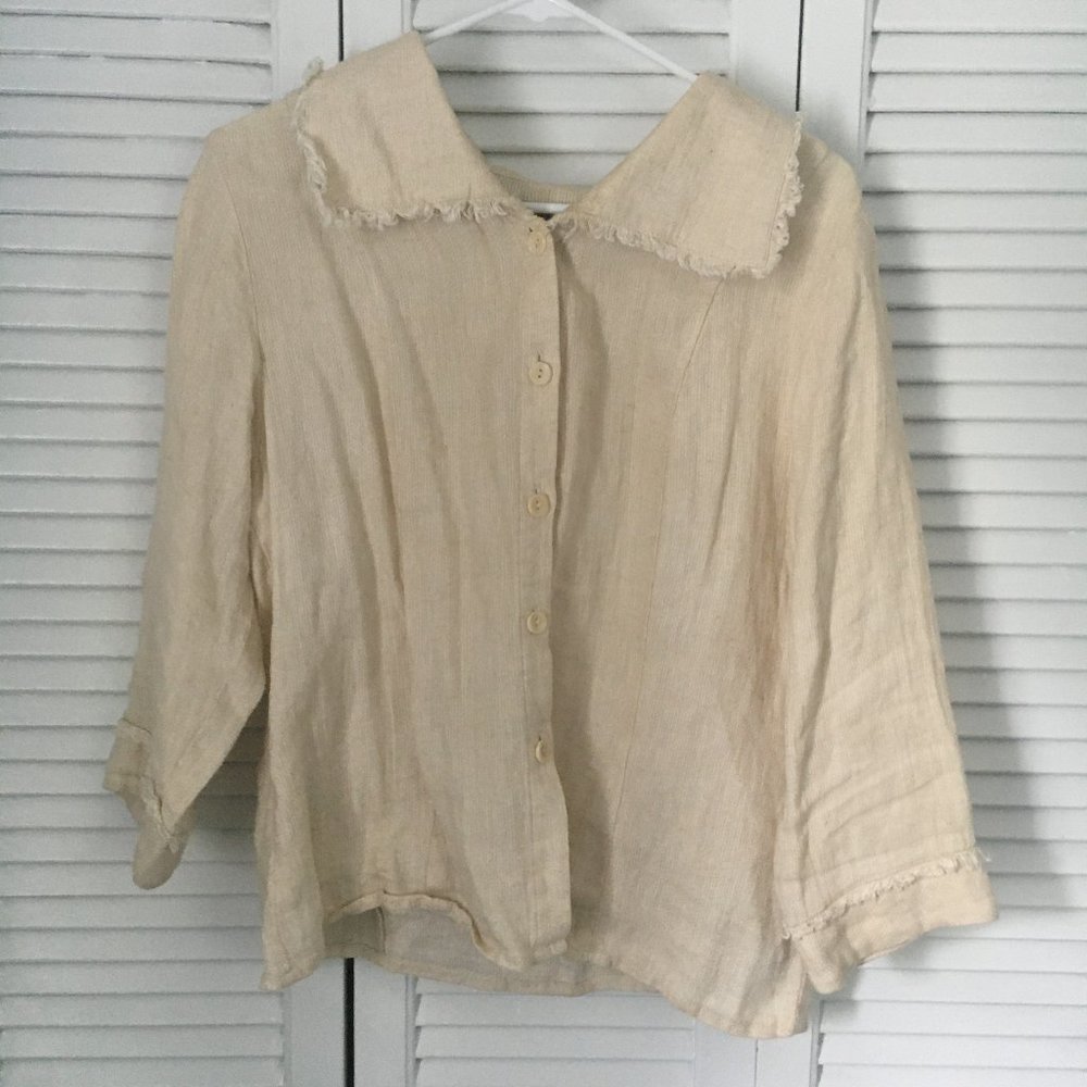 Flax Cream Linen Button-Down Shirt with Frayed Collar